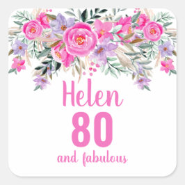 Adesivo Quadrado 80 aniversário cor-de-água rosa floral