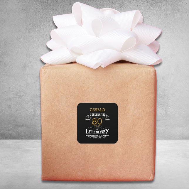Adesivo Quadrado 80 Birthday Black Dourado Legendário Retro (An elegant paper sticker / label that is easy to customize for that special 80th birthday.)