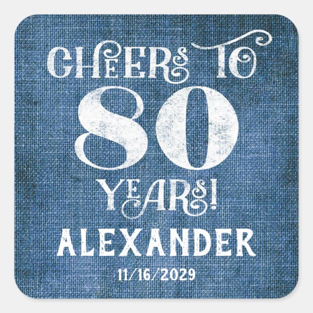 Adesivo Quadrado 80 Birthday Blue Linen Obrigado Pelos Stickers (Frente)