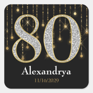 Adesivo Quadrado 80 Birthday Diamantes Dourados Tags Stickers