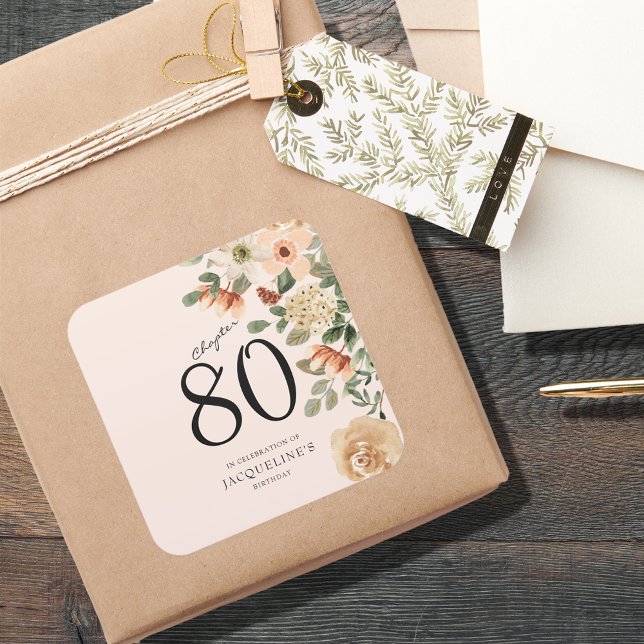 Adesivo Quadrado 80 Birthday Vintage Floral (80th Birthday Vintage Floral Square Sticker)