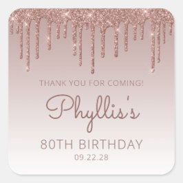 Adesivo Quadrado 80 Glitter Dourado rosa Aniversário Obrigado