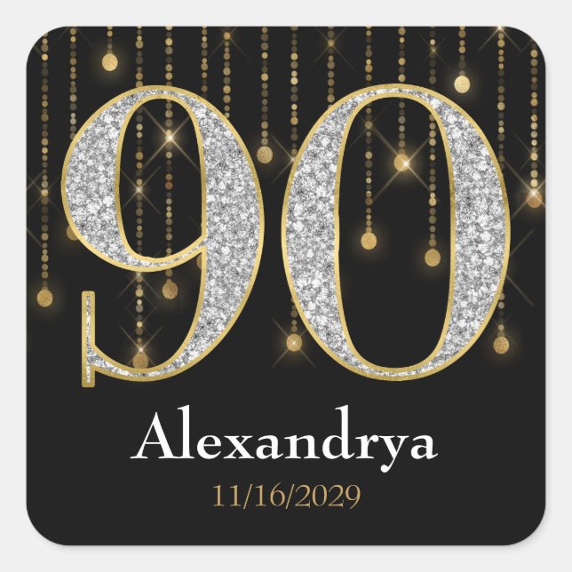 Adesivo Quadrado 90 Birthday Diamantes Dourados Tags Stickers (Frente)