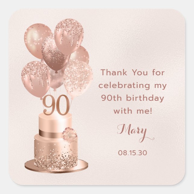 Adesivo Quadrado 90 Birthday Rosa Dourado Bake Obrigado (Frente)