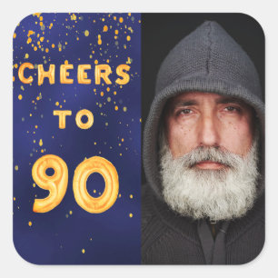 Adesivo Quadrado 90 de aniversário, ouro azul grita para 90 homens