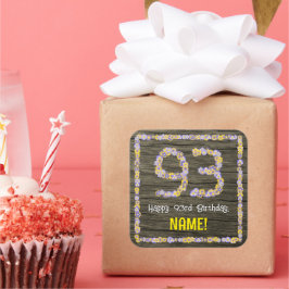 Adesivo Quadrado 93º Aniversário: Número Floral, Faux Wood Look, No