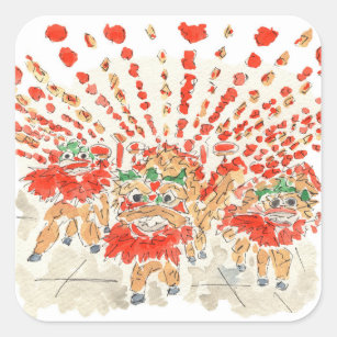 Adesivo Quadrado A Aquarela de Dança de Leão Chinês