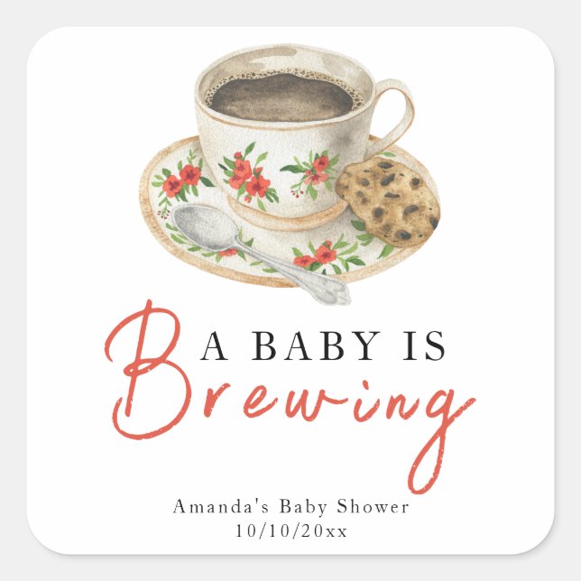 Adesivo Quadrado A Baby Is Brewing Coffee Cup Baby Shower (Frente)
