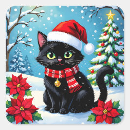 Adesivo Quadrado A Black Festive Cat with a Christmas Background