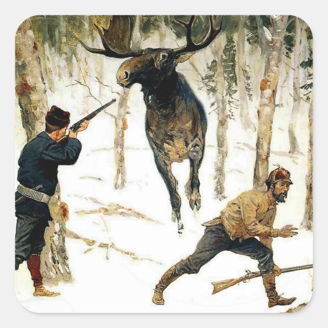 Adesivo Quadrado A Caça Moose de Frederic Remington (Frente)