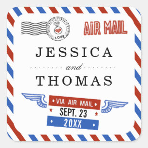 Adesivo Quadrado A Coleção de Casamentos de Correio Aéreo Moderno