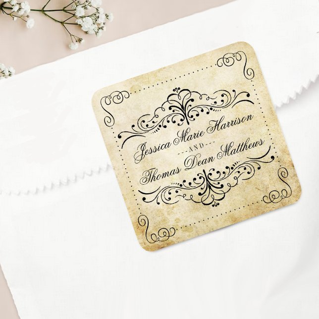 Adesivo Quadrado A coleção de Casamentos vintage Flourish do Orname (Criador carregado)