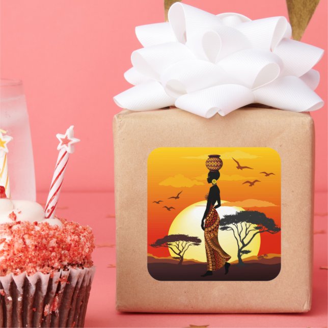 Adesivo Quadrado A linda mulher africana Silhouette sobre os sóis a (Festa)