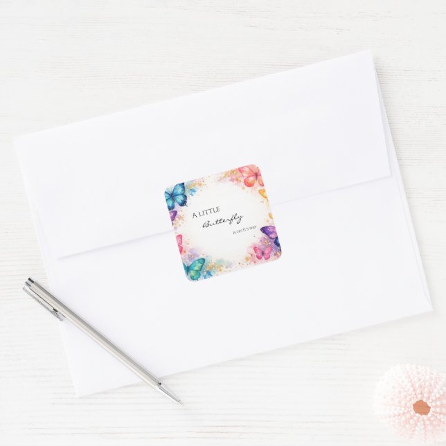 Adesivo Quadrado A Little Butterfly On It’s away Baby Shower (Envelope)