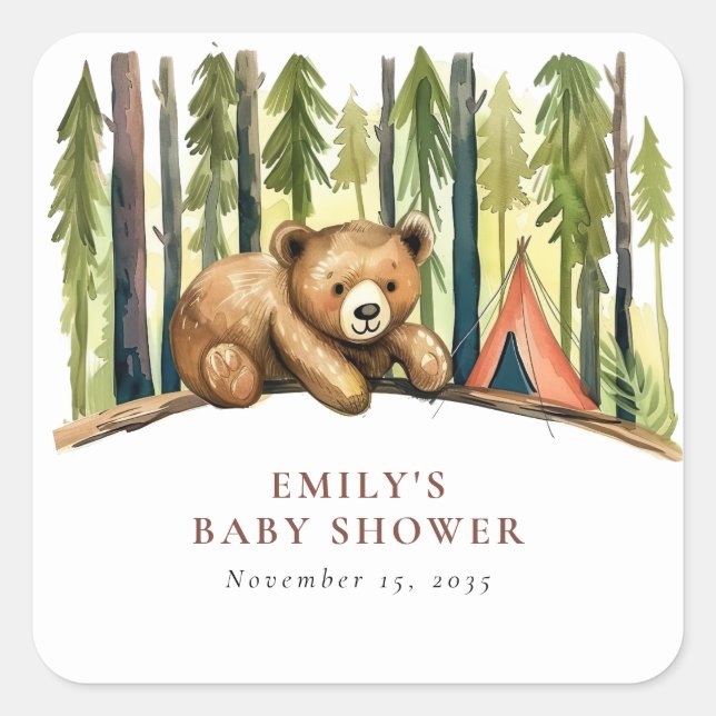 Adesivo Quadrado A Little Camper Forest Baby Shower (Frente)