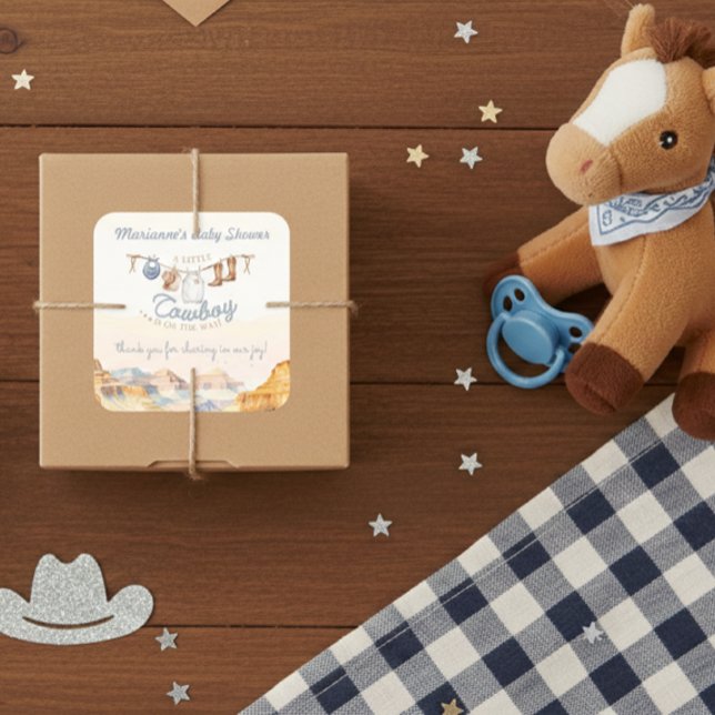Adesivo Quadrado A Little Cowboy Western Canyon Baby Shower (Criador carregado)