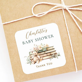 Adesivo Quadrado A New Chapter Floral Book Baby Shower Favor