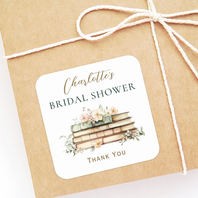 Adesivo Quadrado A New Chapter Floral Book Bridal Shower Favor (Criador carregado)