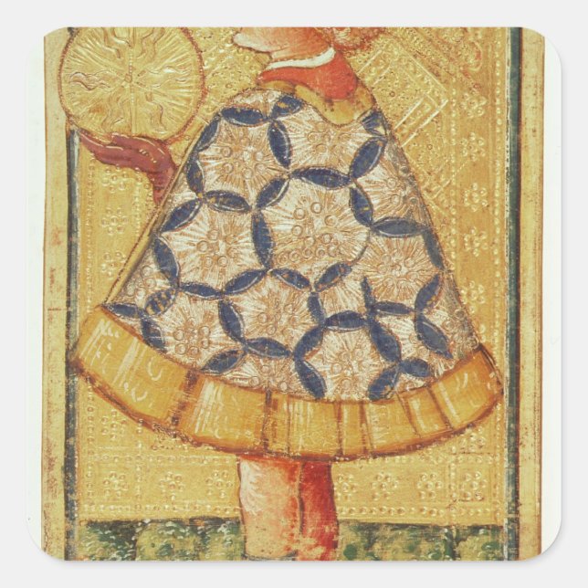 Adesivo Quadrado A Página das Moedas, de um pacote de cartões tarot (Frente)