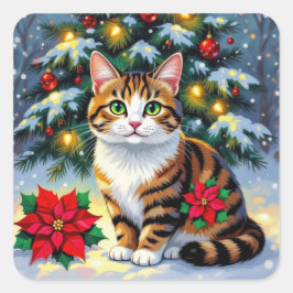 Adesivo Quadrado A Sweet Kitty Cat in the Snow Festive Christmas