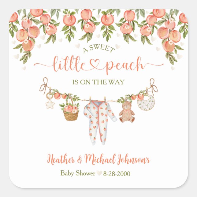 Adesivo Quadrado A Sweet Little Peach Clothesline Baby Shower (Frente)