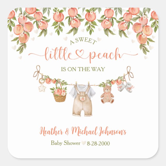Adesivo Quadrado A Sweet Little Peach Clothesline Boy Baby Shower (Frente)