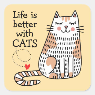 Adesivo Quadrado A Vida é Melhor Com Gatos Doodle