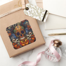 Adesivo Quadrado Aba de Caveira de Açúcar Abóbora Festa, Calavera