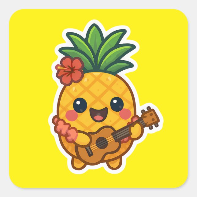 Adesivo Quadrado Abacaxi Kawaii sorridente - Tropical (Frente)