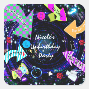 Adesivo Quadrado Abaixo da Toca do Coelho Festa da Alice no País da