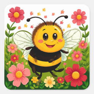 Adesivo Quadrado Abeilha de desenho animado alegre 🐝 Jardim floral