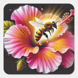 Adesivo Quadrado Abelha de mel polinizando um hibisco brilhante