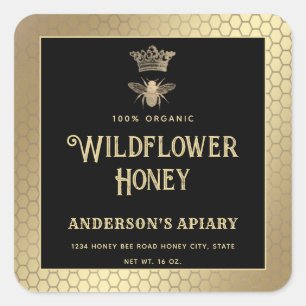 Adesivo Quadrado Abelha-rainha-moderna preta-de-vidro de mel