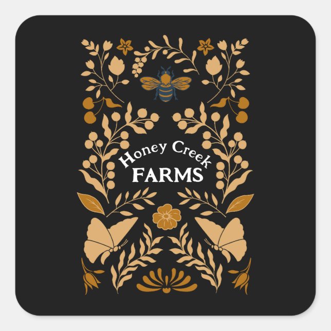 Adesivo Quadrado Abelhas de mel ou rótulos preto e Dourado (Frente)