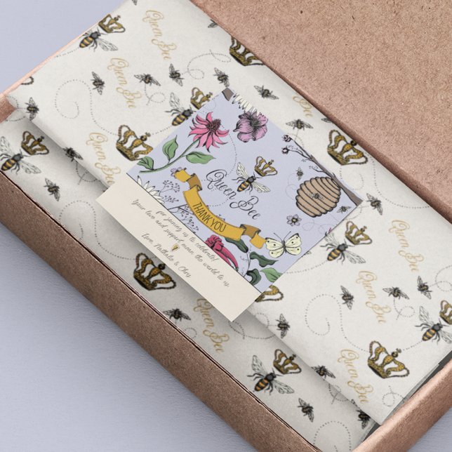 Adesivo Quadrado Abelhas e Coroa Rainhas Roxas e Negras Obrigado (Beautiful "Thank You" Sticker for any occasion where a "Queen Bee" is being celebrated. Very Chic!)