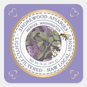 Adesivo Quadrado Abelhas e Flores Rótulo de Mel com Corações Dourad