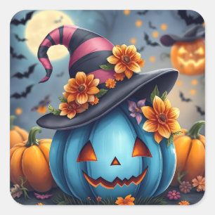 Adesivo Quadrado Abóbora azul de Halloween Jack-o-lantern