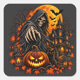 Adesivo Quadrado Abóbora Ceifador de Halloween