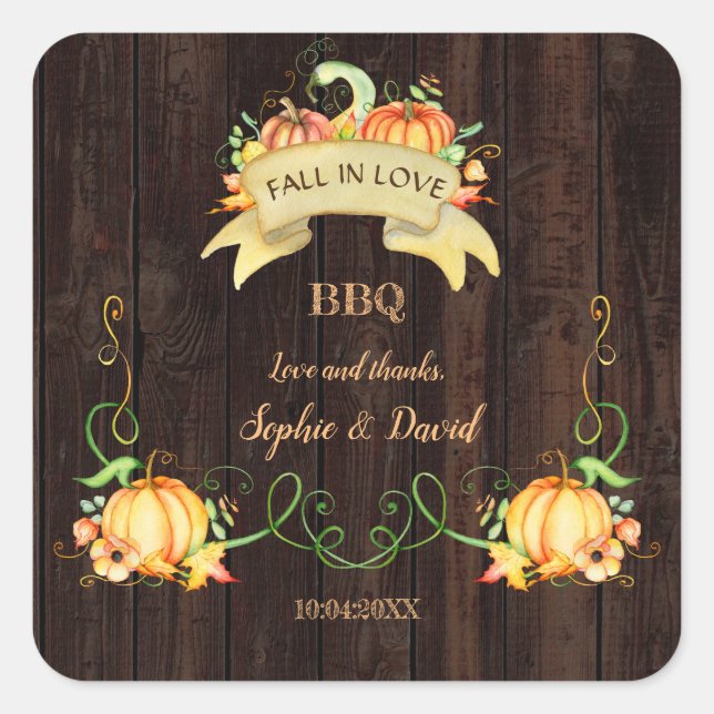 Adesivo Quadrado Abóbora de Aquarela Apaixonado Old Barn BBQ (Frente)