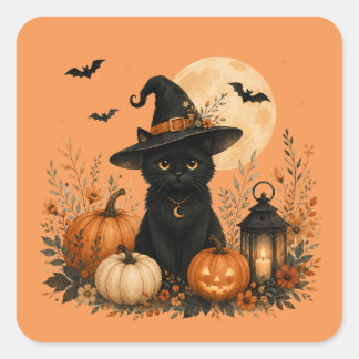 Adesivo Quadrado Abóbora de Gato Preto Fofo de Halloween