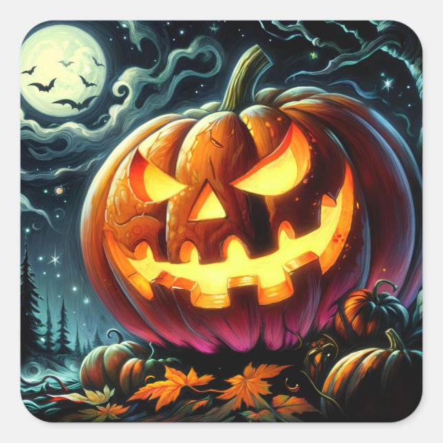Adesivo Quadrado Abóbora de Halloween Assustadora (Frente)