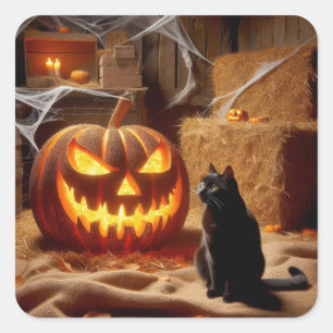 Adesivo Quadrado Abóbora de Halloween e Gato no Celeiro