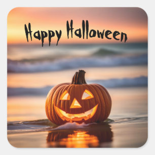 Adesivo Quadrado Abóbora de Halloween na Praia