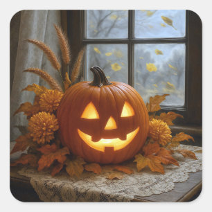 Adesivo Quadrado Abóbora de Halloween nas Flores de Outono