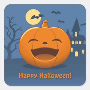 Adesivo Quadrado Abóbora de Halloween Risonha com Texto Personaliza