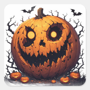 Adesivo Quadrado Abóbora Gigante com Sorriso Sinistro de Halloween