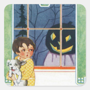 Adesivo Quadrado Abóbora Jack O Lantern Fantasma Menina Cachorrinho