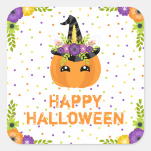 Adesivo Quadrado Abóbora Unicórnio Feliz Halloween Branco Quadrado