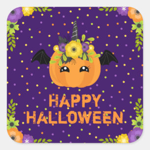 Adesivo Quadrado Abóbora Unicórnio Feliz Halloween Roxo Quadrado St