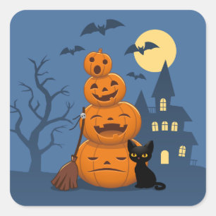 Adesivo Quadrado Abóboras de Halloween e Gato Preto